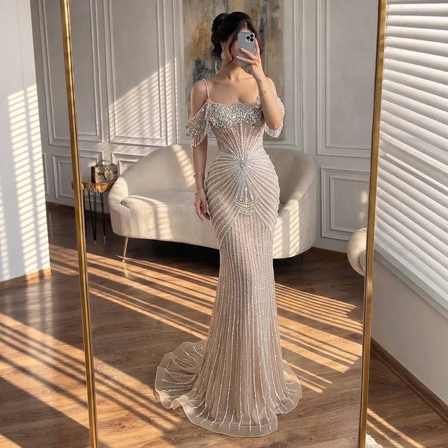 Luxury Nude Crystal Beaded Off Shoulder Mermaid Dress LA73148E