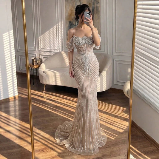 Luxury Nude Crystal Beaded Off Shoulder Mermaid Dress LA73148E
