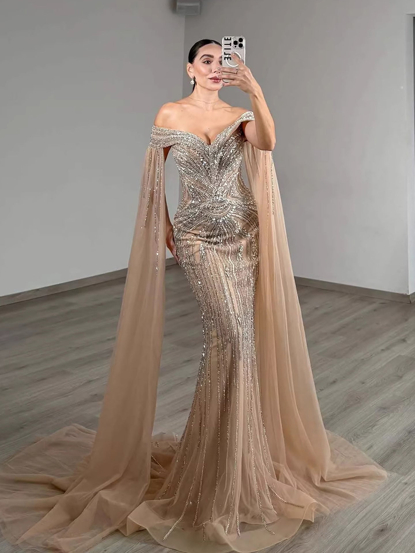 Luxury Blue Beaded Cape Sleeve Saudi Arabic Evening Dress LA73151