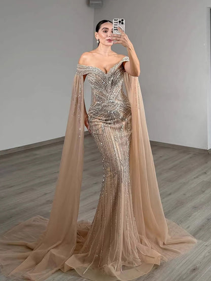 Luxury Blue Beaded Cape Sleeve Saudi Arabic Evening Dress LA73151