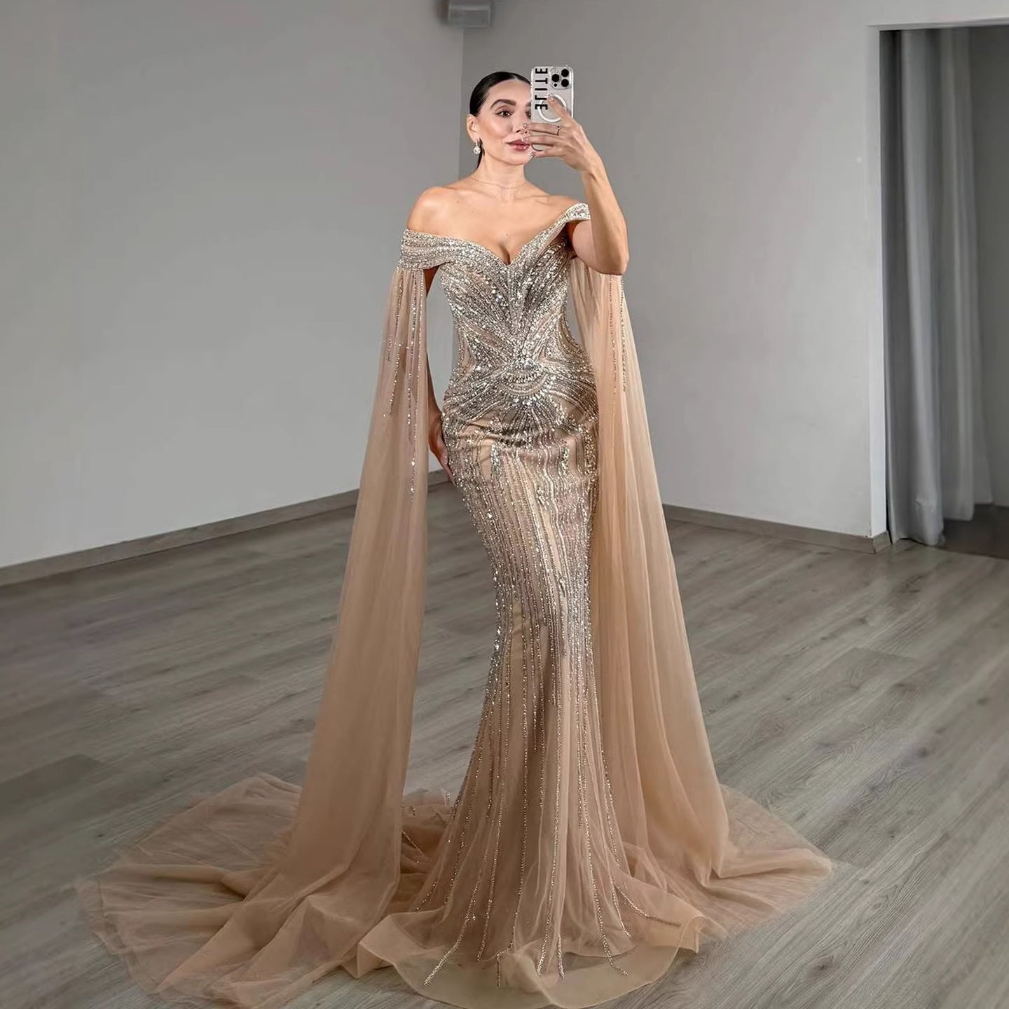 Luxury Blue Beaded Cape Sleeve Saudi Arabic Evening Dress LA73151