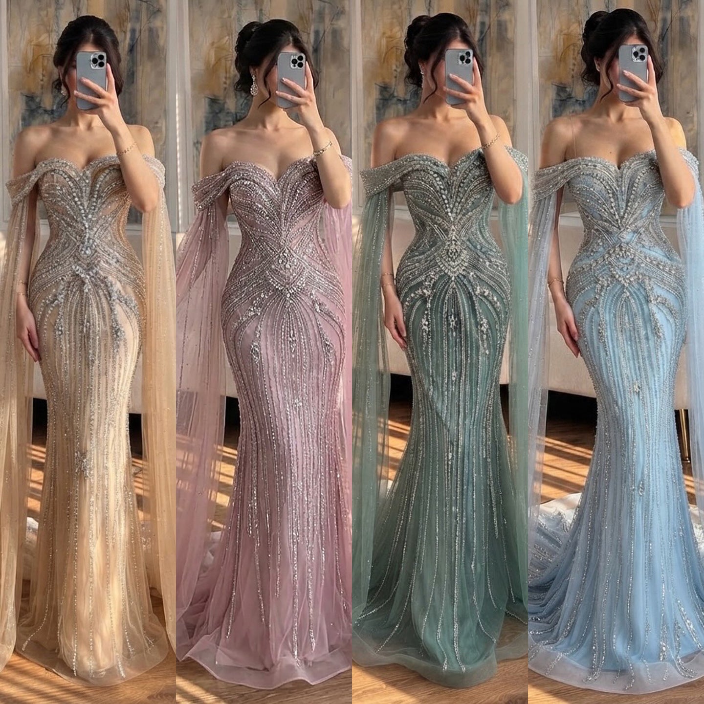 Luxury Pink Beaded Evening Dress with Cape Sleeves LA73151A