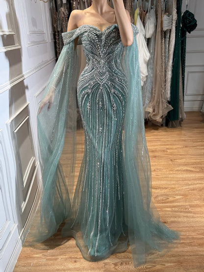 Luxury Pink Beaded Evening Dress with Cape Sleeves LA73151A