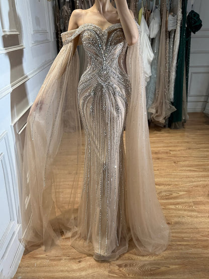 Luxury Pink Beaded Evening Dress with Cape Sleeves LA73151A