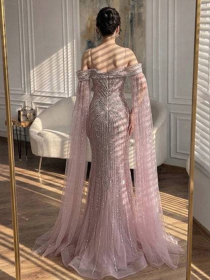 Luxury Pink Beaded Evening Dress with Cape Sleeves LA73151A