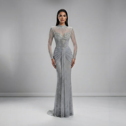 Luxury Silver Crystal Beaded Long Sleeve Evening Dress LA73167