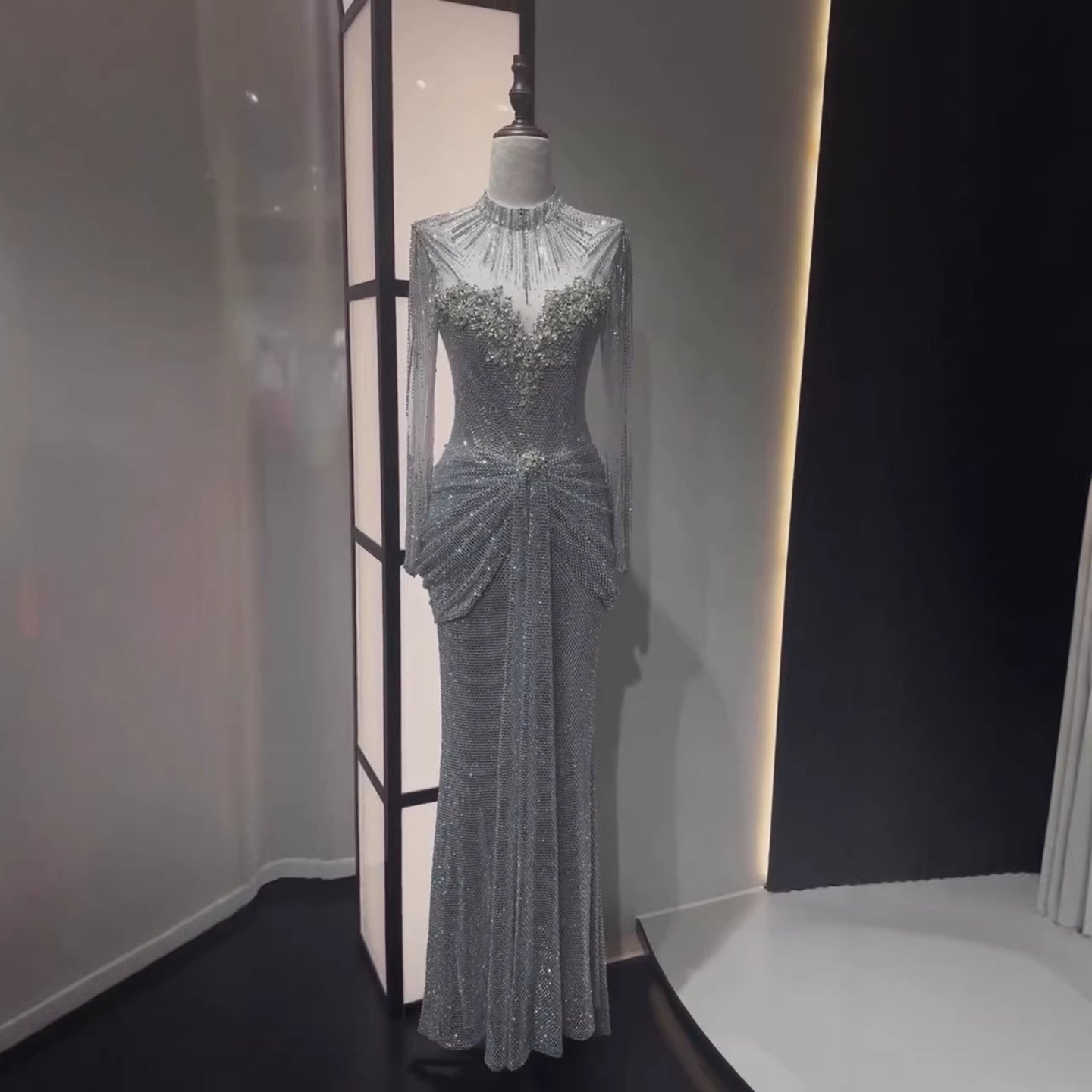 Luxury Silver Crystal Beaded Long Sleeve Evening Dress LA73167