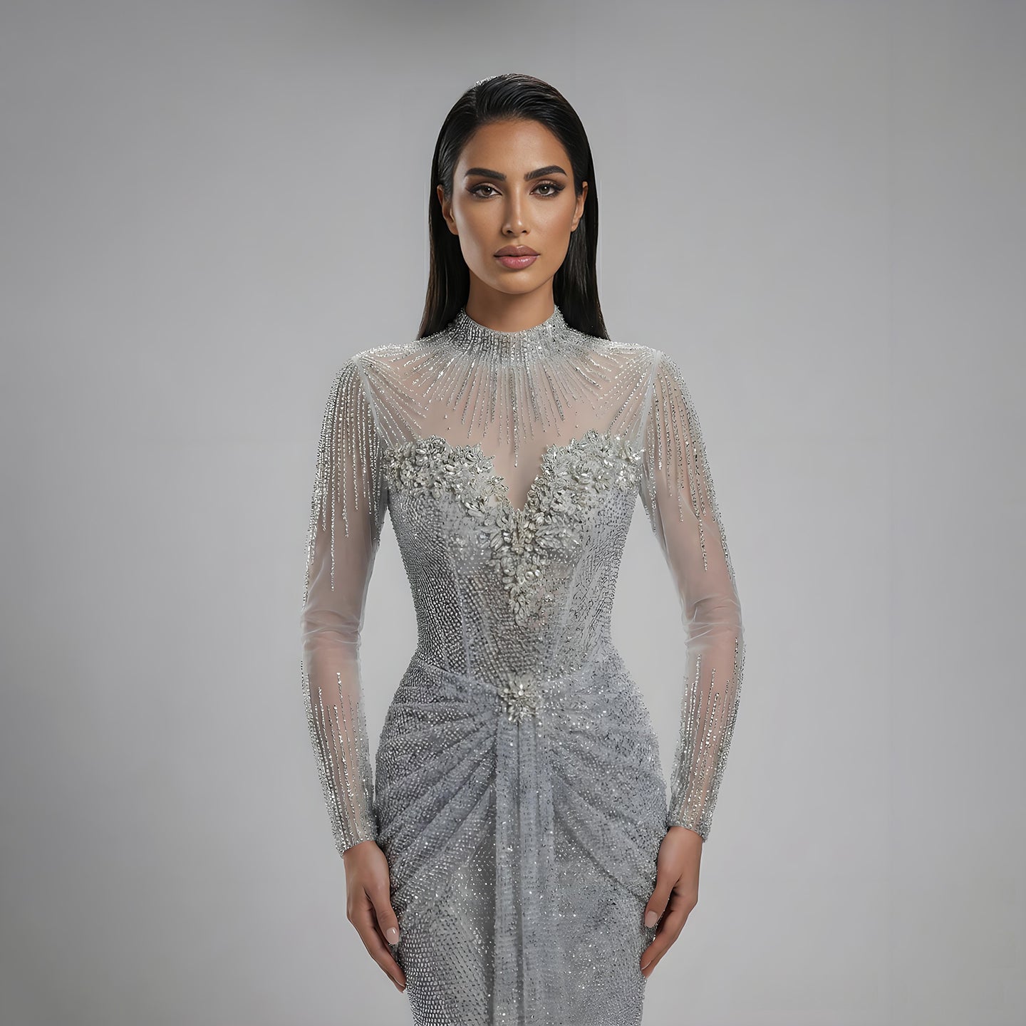 Luxury Silver Crystal Beaded Long Sleeve Evening Dress LA73167
