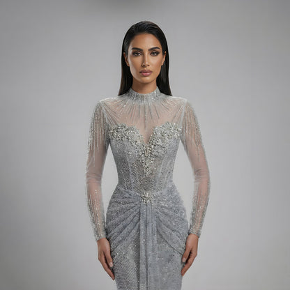 Luxury Silver Crystal Beaded Long Sleeve Evening Dress LA73167