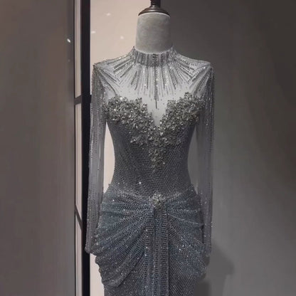 Luxury Silver Crystal Beaded Long Sleeve Evening Dress LA73167
