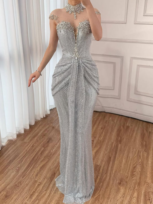 Luxury Silver Beaded Stunning Mermaid Evening Dress LA73167A