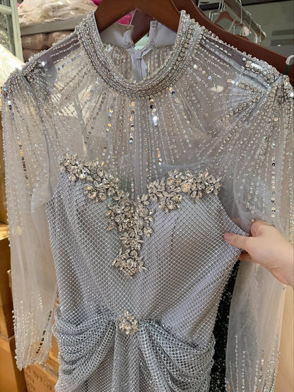 Luxury Silver Crystal Beaded Long Sleeve Evening Dress LA73167B