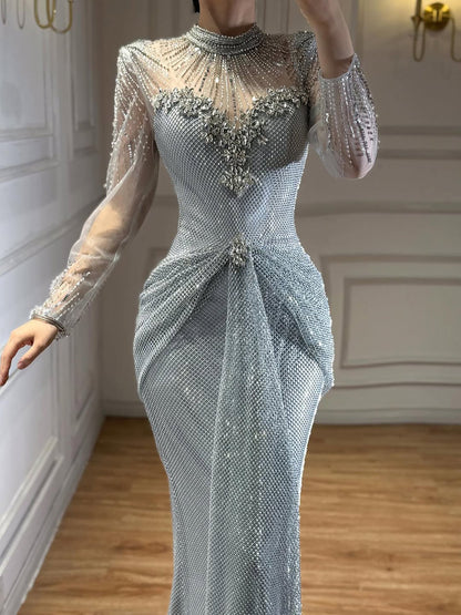 Luxury Silver Crystal Beaded Long Sleeve Evening Dress LA73167B