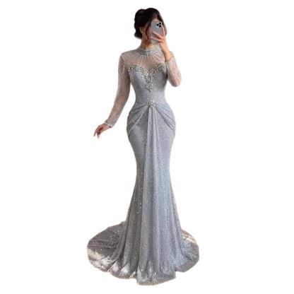 Luxury Silver Crystal Beaded Long Sleeve Evening Dress LA73167B