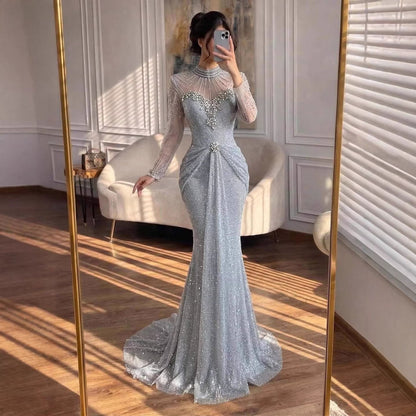 Luxury Silver Crystal Beaded Long Sleeve Evening Dress LA73167B