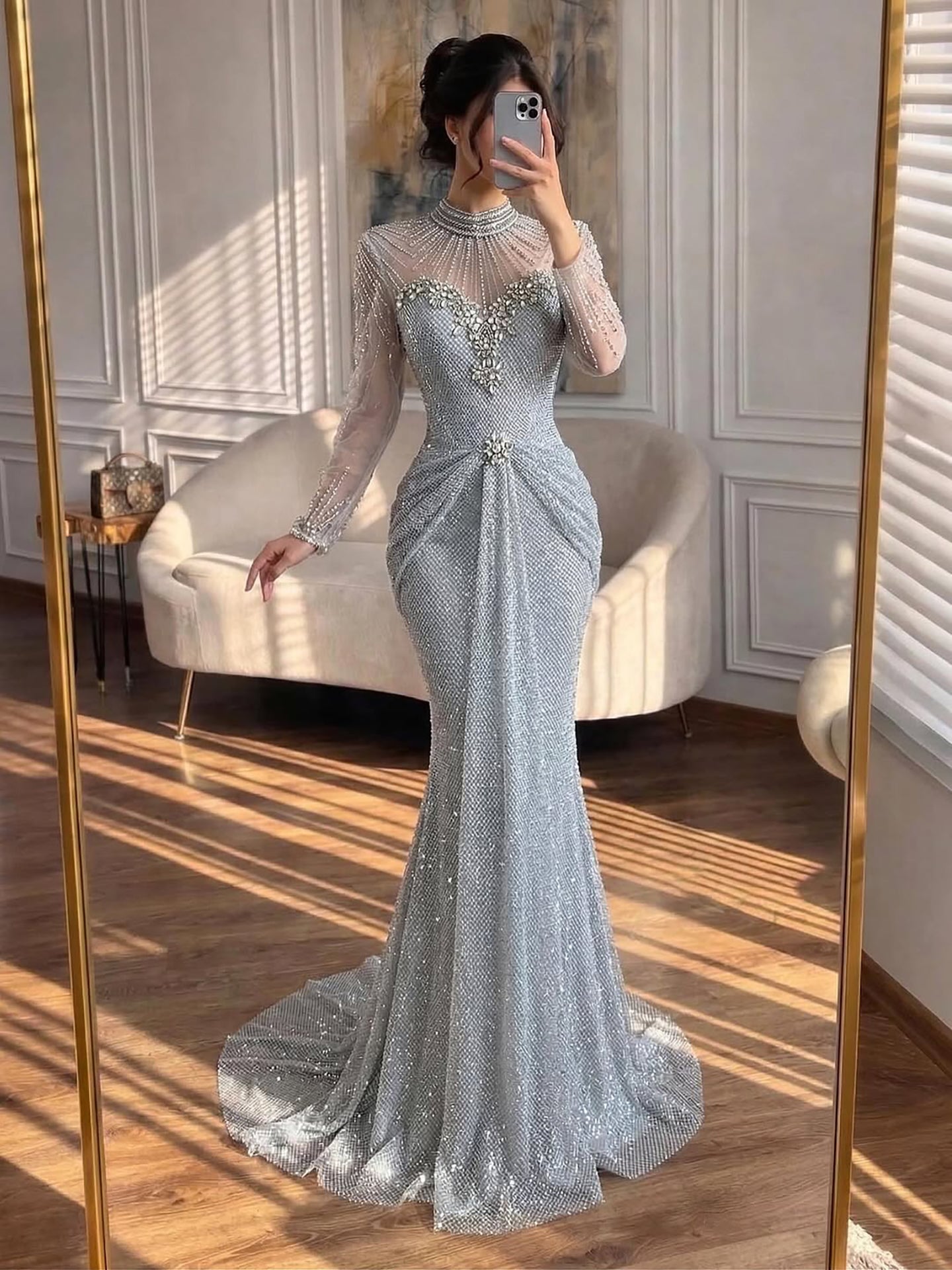 Luxury Silver Crystal Beaded Long Sleeve Evening Dress LA73167B