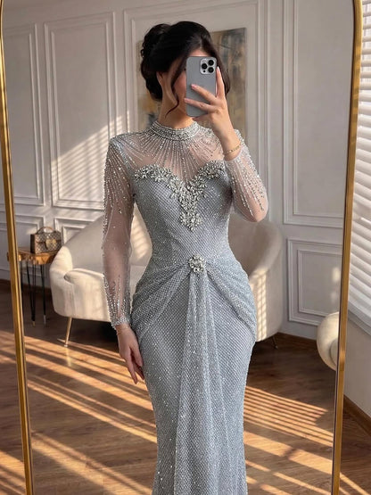 Luxury Silver Crystal Beaded Long Sleeve Evening Dress LA73167B