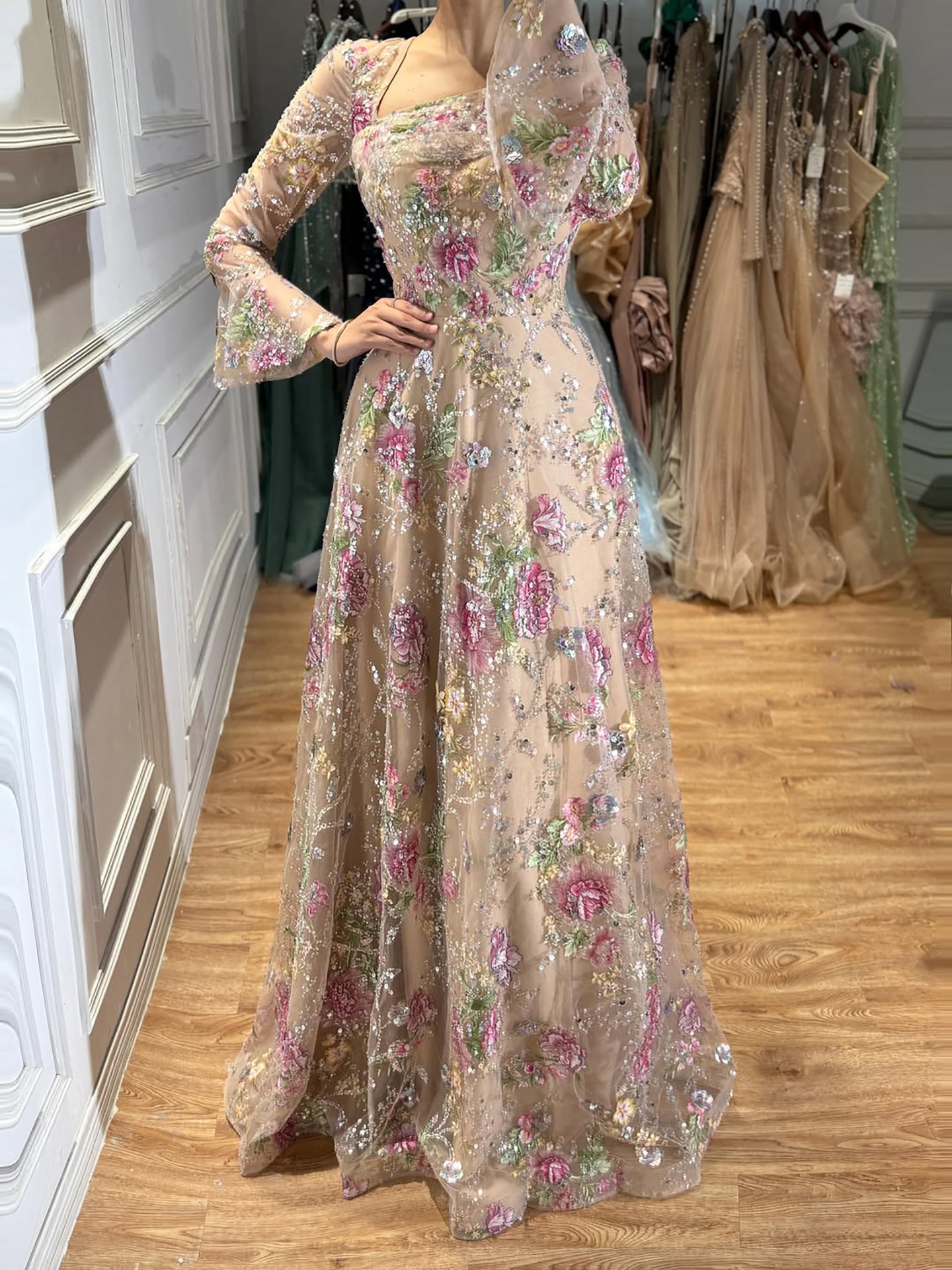 Luxury Nude Pink Beaded A-Line Evening Dress with Puffy Sleeves LA73177B