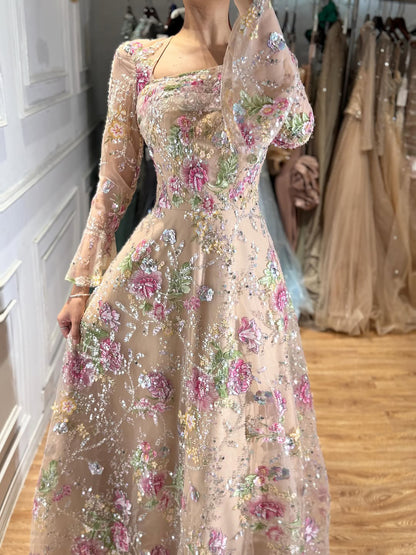 Luxury Nude Pink Beaded A-Line Evening Dress with Puffy Sleeves LA73177B