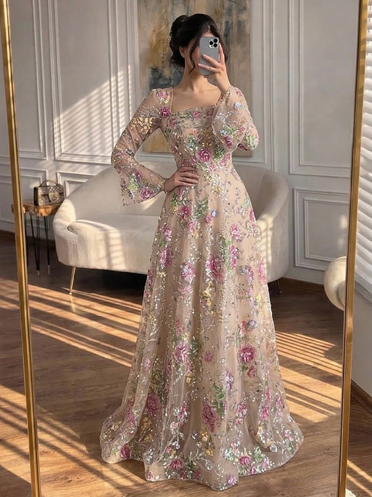 Luxury Nude Pink Beaded A-Line Evening Dress with Puffy Sleeves LA73177B