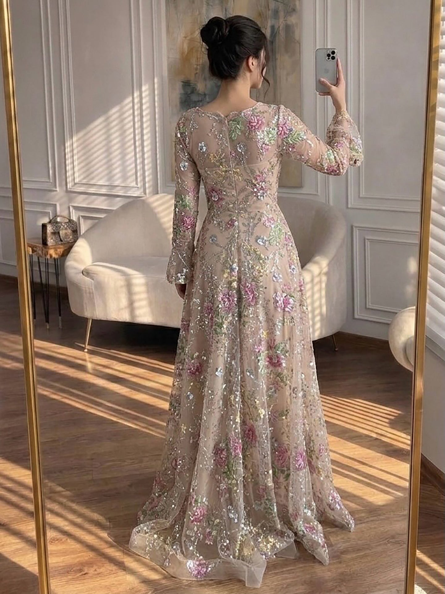 Luxury Nude Pink Beaded A-Line Evening Dress with Puffy Sleeves LA73177B
