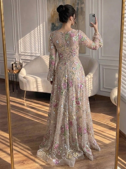 Luxury Nude Pink Beaded A-Line Evening Dress with Puffy Sleeves LA73177B