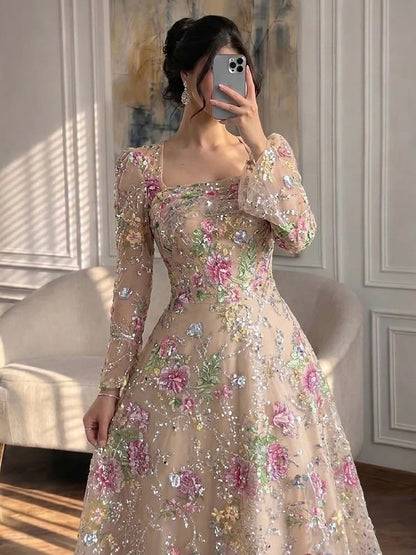 Luxury Nude Pink Beaded A-Line Evening Dress with Puffy Sleeves LA73177B