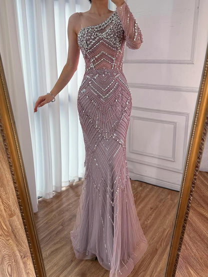 Luxury Nude One Shoulder Long Sleeve Beaded Evening Dress LA73180