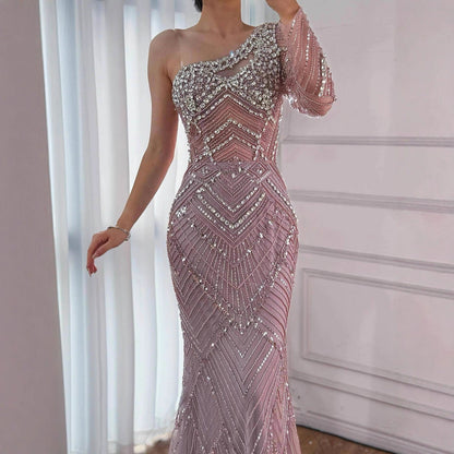 Luxury Nude One Shoulder Long Sleeve Beaded Evening Dress LA73180