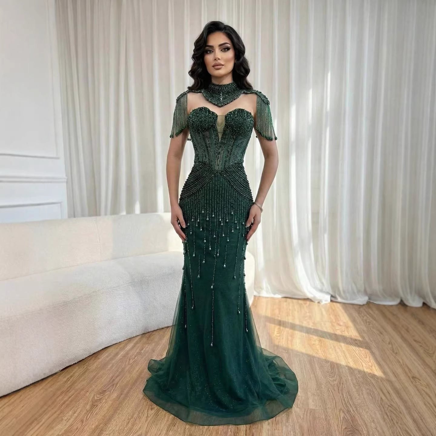 Luxury Nude Pearl Beaded Tassel Mermaid Evening Dress LA73183