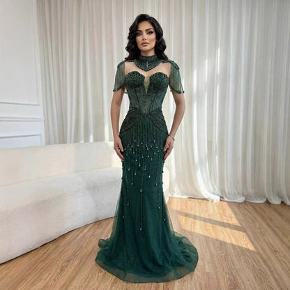 Luxury Nude Pearl Beaded Tassel Mermaid Evening Dress LA73183
