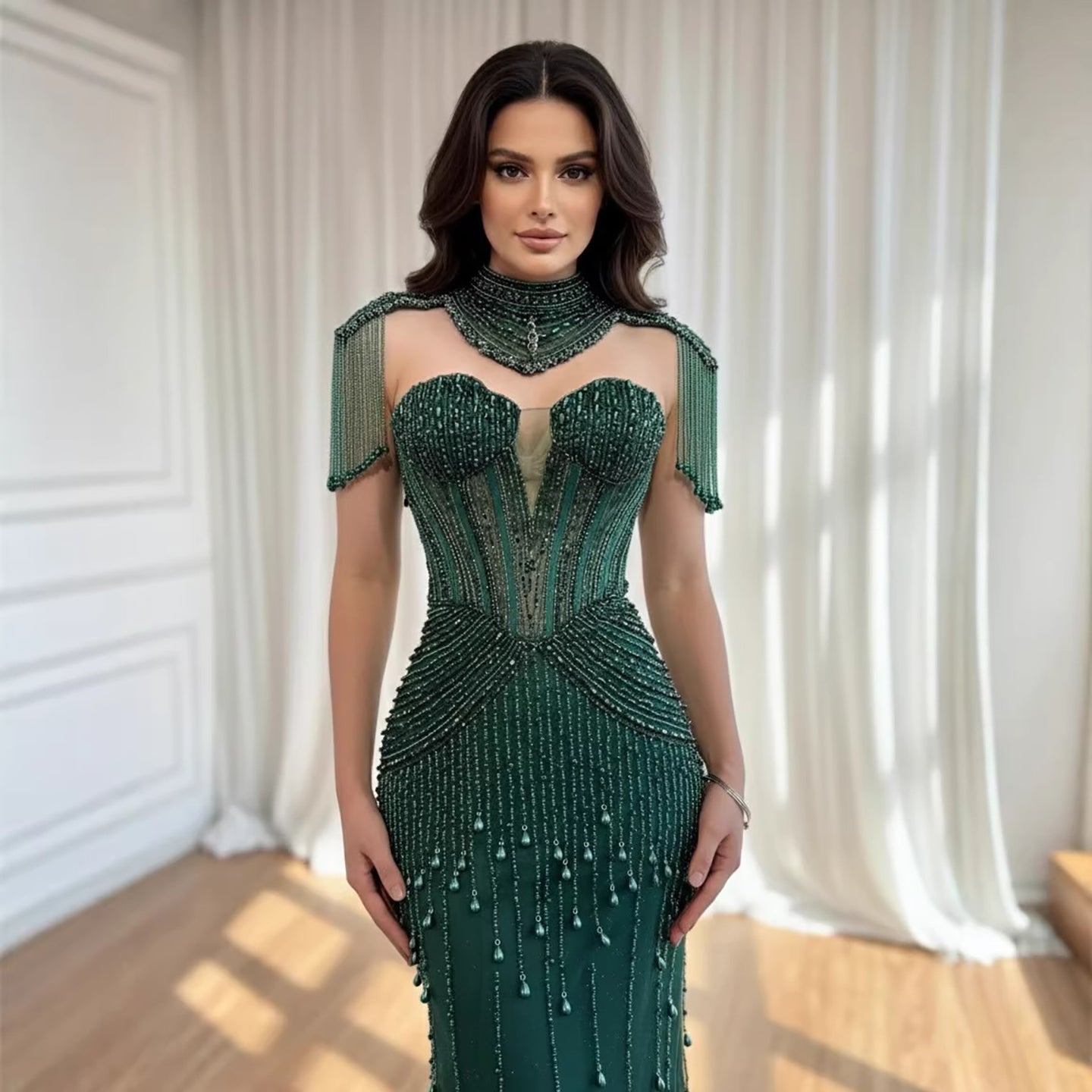 Luxury Nude Pearl Beaded Tassel Mermaid Evening Dress LA73183