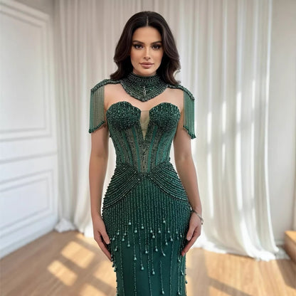 Luxury Nude Pearl Beaded Tassel Mermaid Evening Dress LA73183
