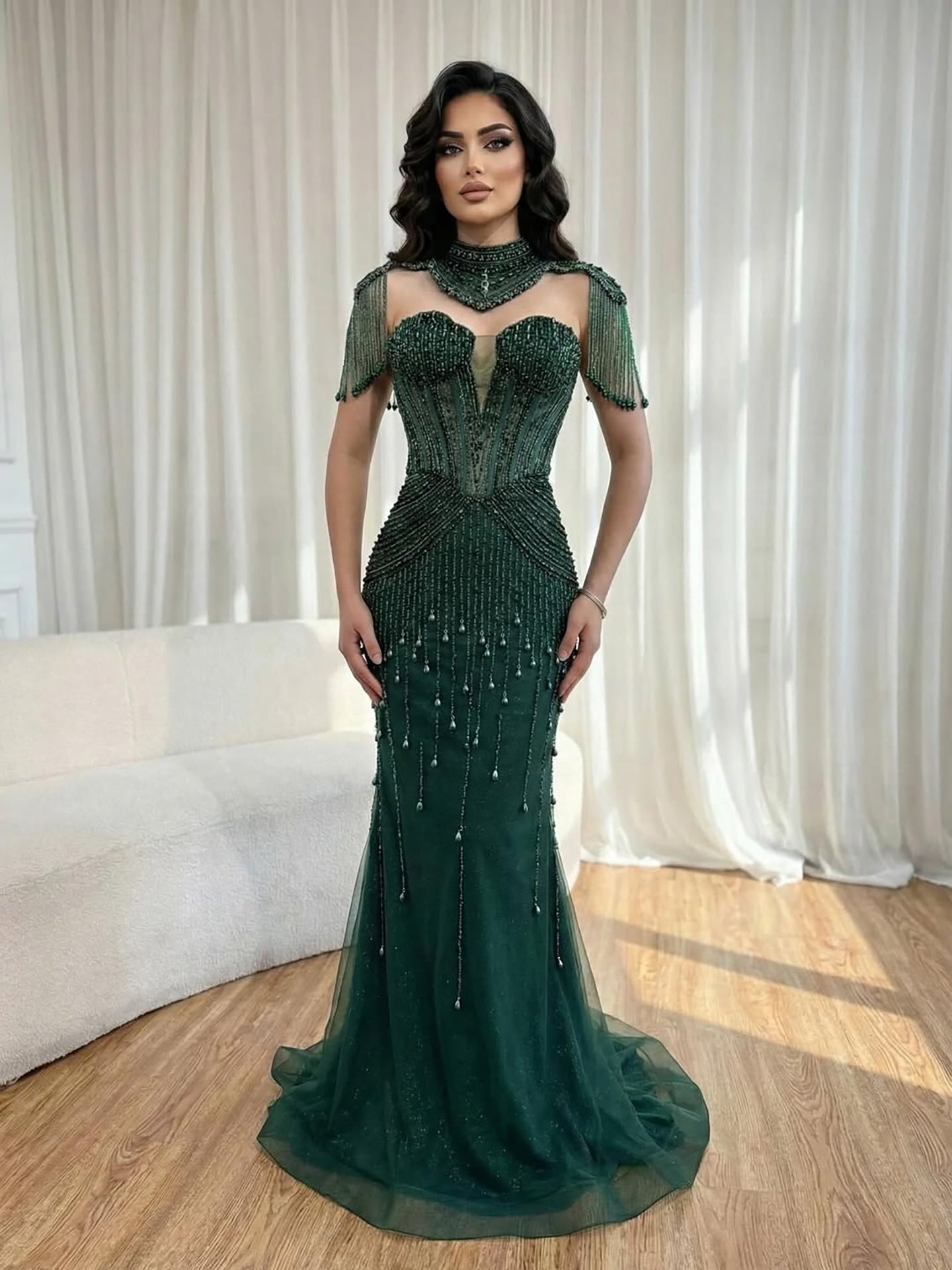 Luxury Nude Pearl Beaded Tassel Mermaid Evening Dress LA73183