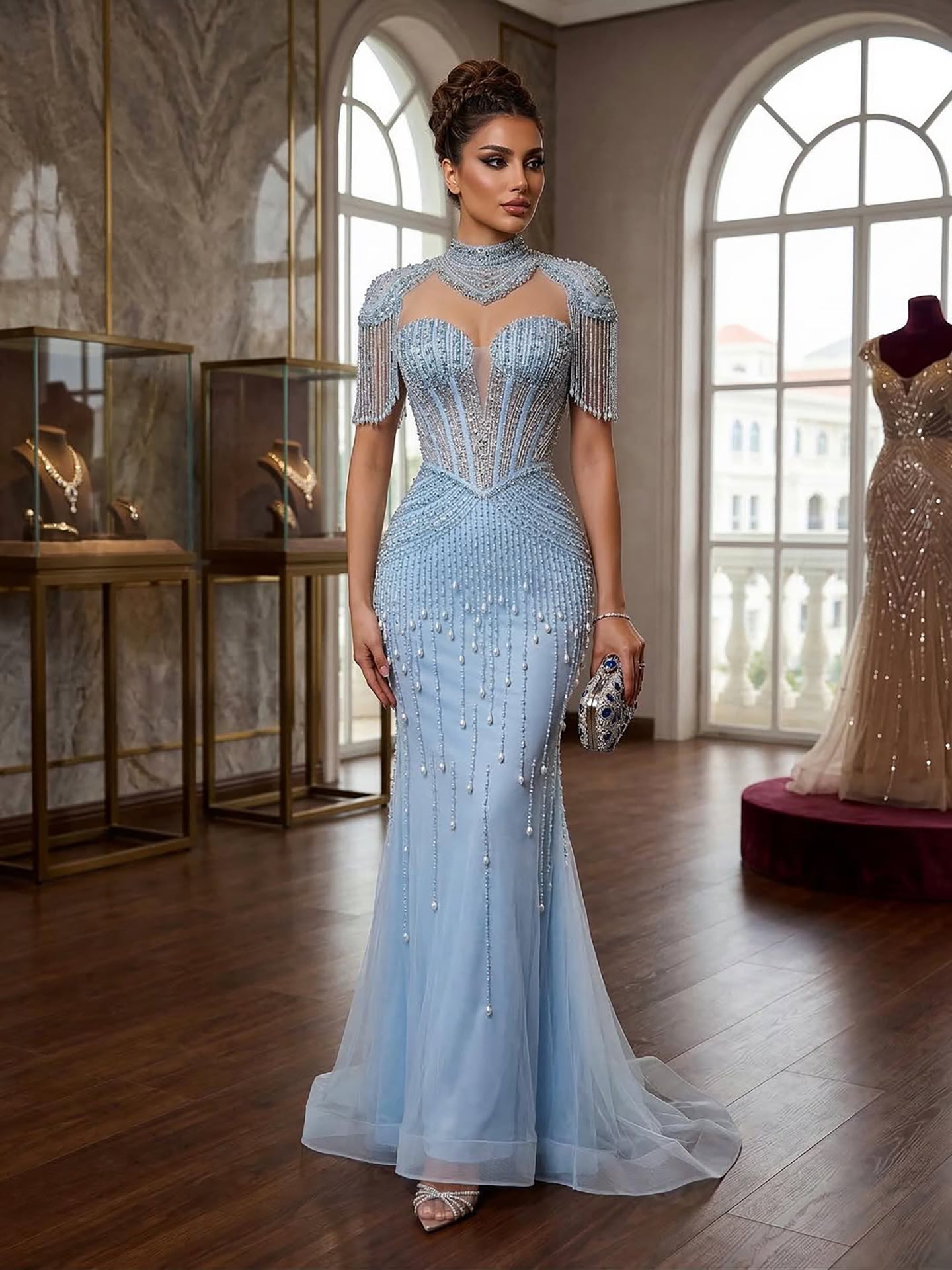 Luxury Nude Pearl Beaded Tassel Mermaid Evening Dress LA73183