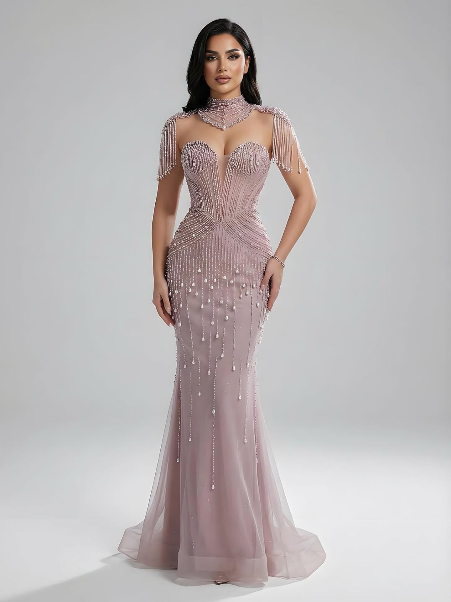 Luxury Nude Pearl Beaded Tassel Mermaid Evening Dress LA73183