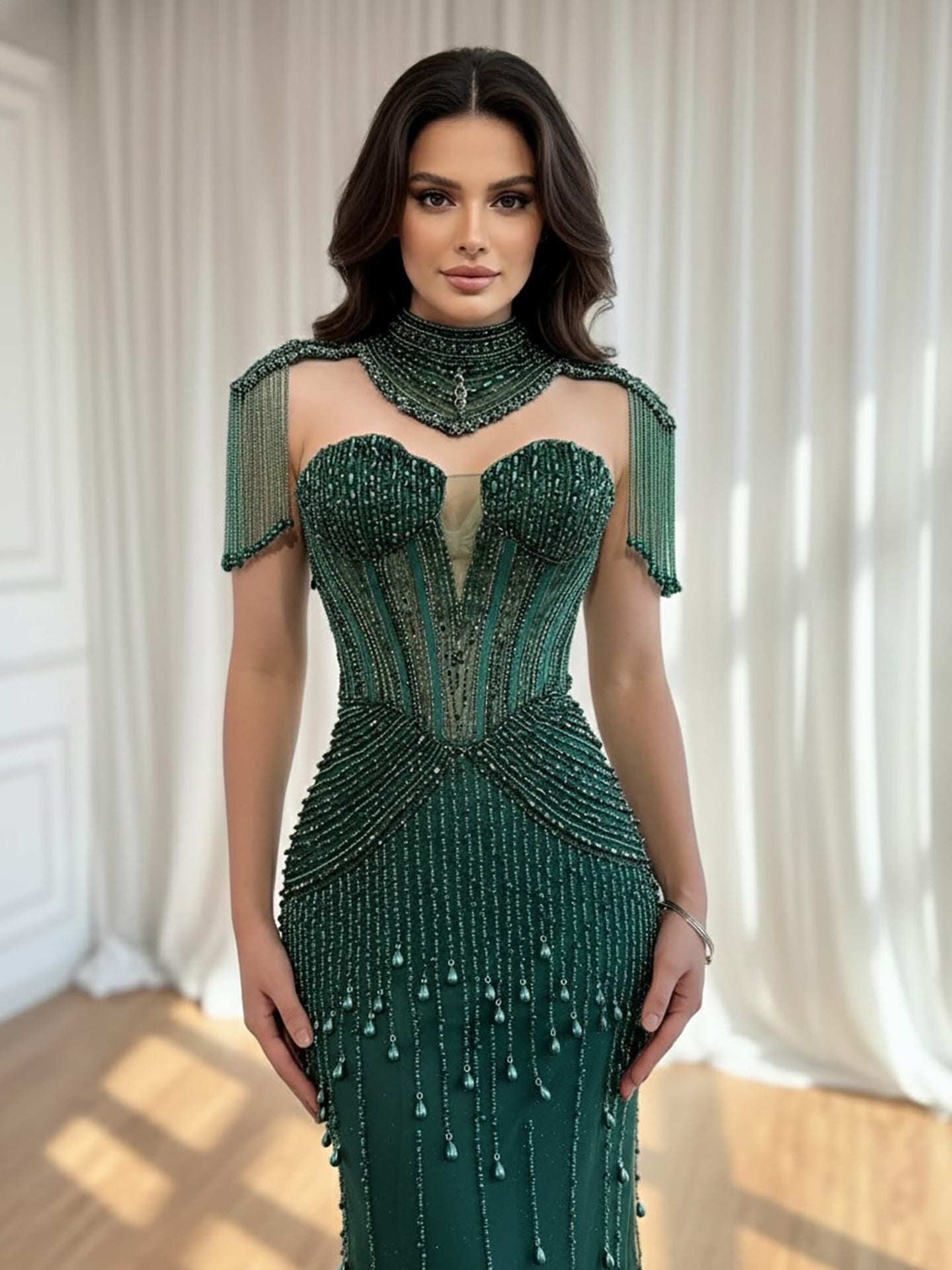 Luxury Nude Pearl Beaded Tassel Mermaid Evening Dress LA73183