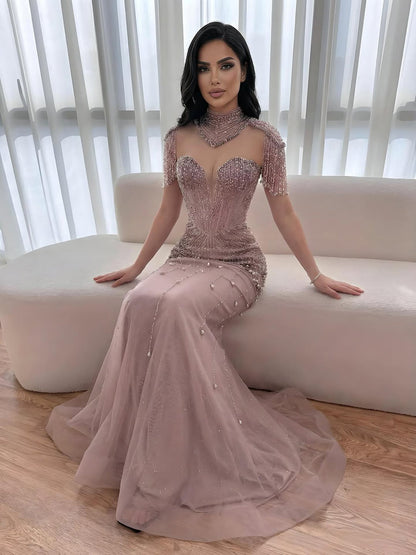 Luxury Nude Pearl Beaded Tassel Mermaid Evening Dress LA73183