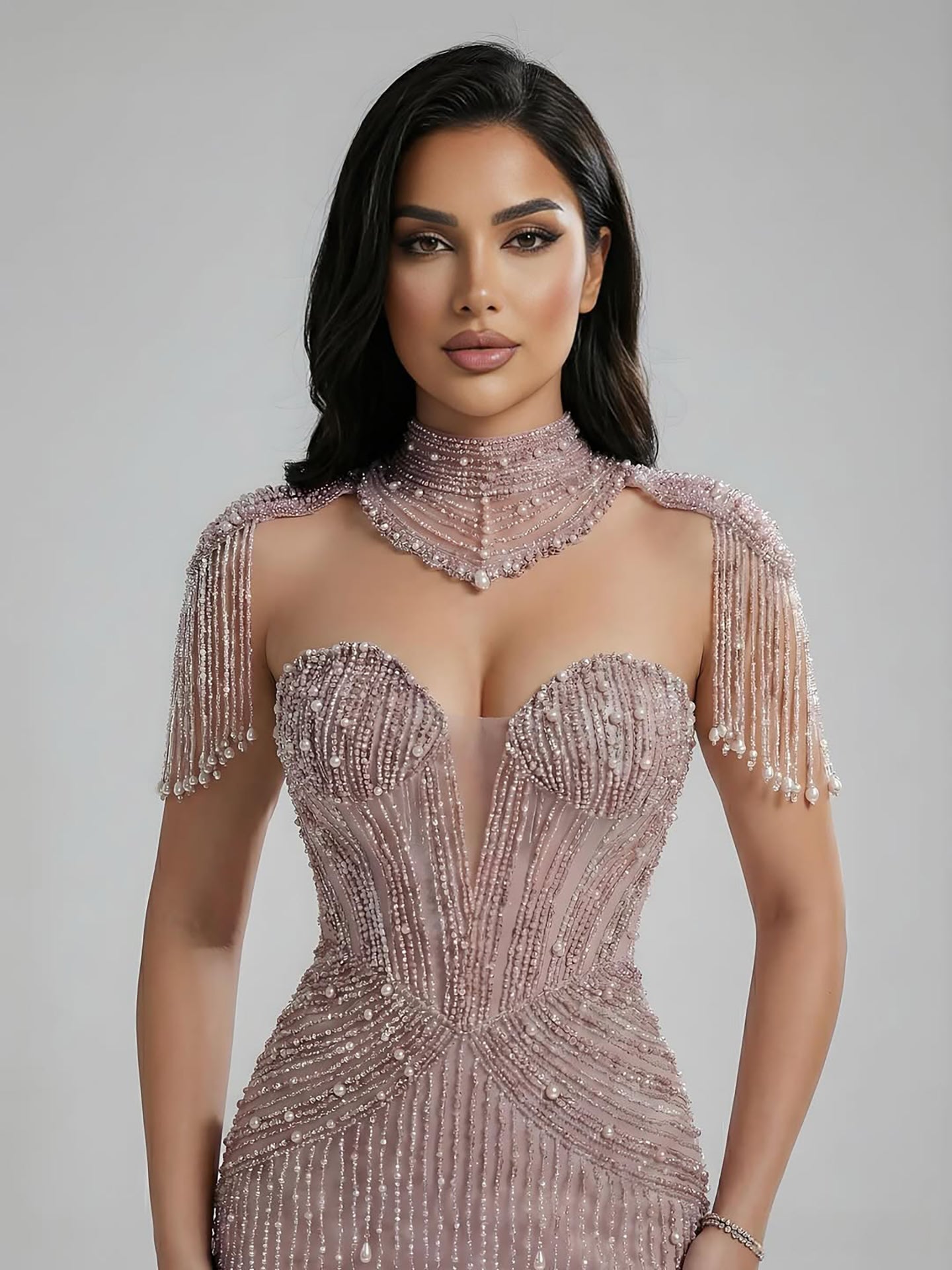 Luxury Nude Pearl Beaded Tassel Mermaid Evening Dress LA73183