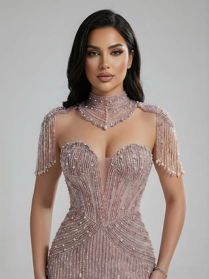 Luxury Nude Pearl Beaded Tassel Mermaid Evening Dress LA73183
