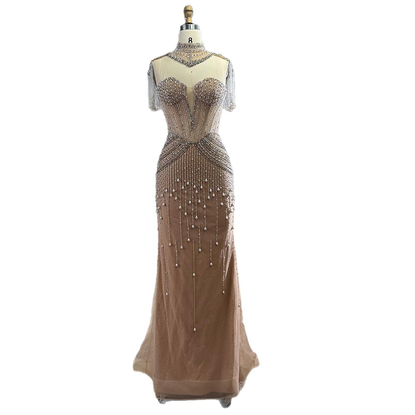 Luxury Nude Pearl Beaded Tassel Mermaid Evening Dress LA73183