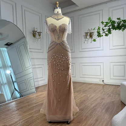 Luxury Nude Pearl Beaded Tassel Mermaid Evening Dress LA73183