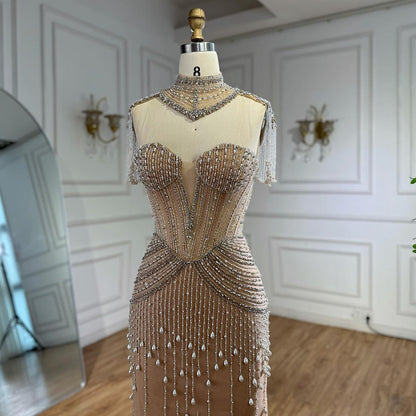 Luxury Nude Pearl Beaded Tassel Mermaid Evening Dress LA73183