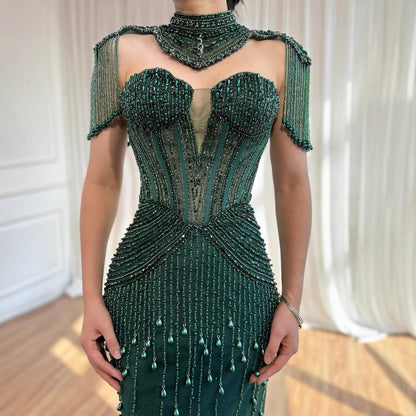 Luxury Nude Pearl Beaded Tassel Mermaid Evening Dress LA73183