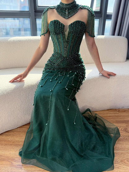 Luxury Nude Pearl Beaded Tassel Mermaid Evening Dress LA73183