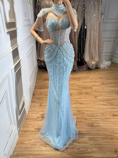 Luxury Nude High Neck Beaded Tassel Mermaid Evening Dress LA73183A