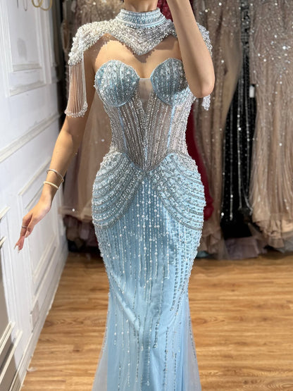 Luxury Nude High Neck Beaded Tassel Mermaid Evening Dress LA73183A