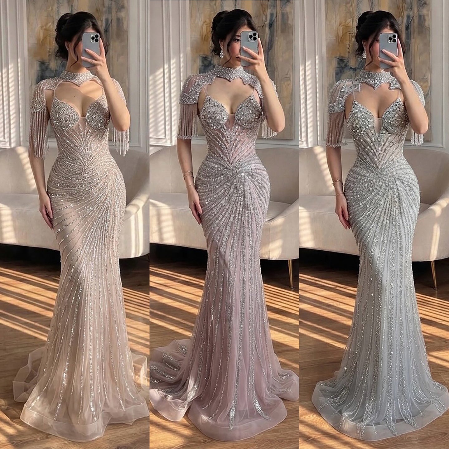 Luxury Nude Beaded Tassel Mermaid Evening Dress LA73184A