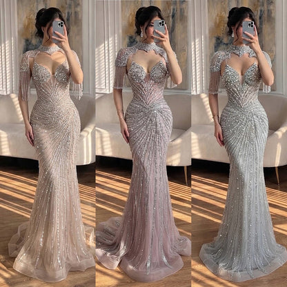 Luxury Nude Beaded Tassel Mermaid Evening Dress LA73184A