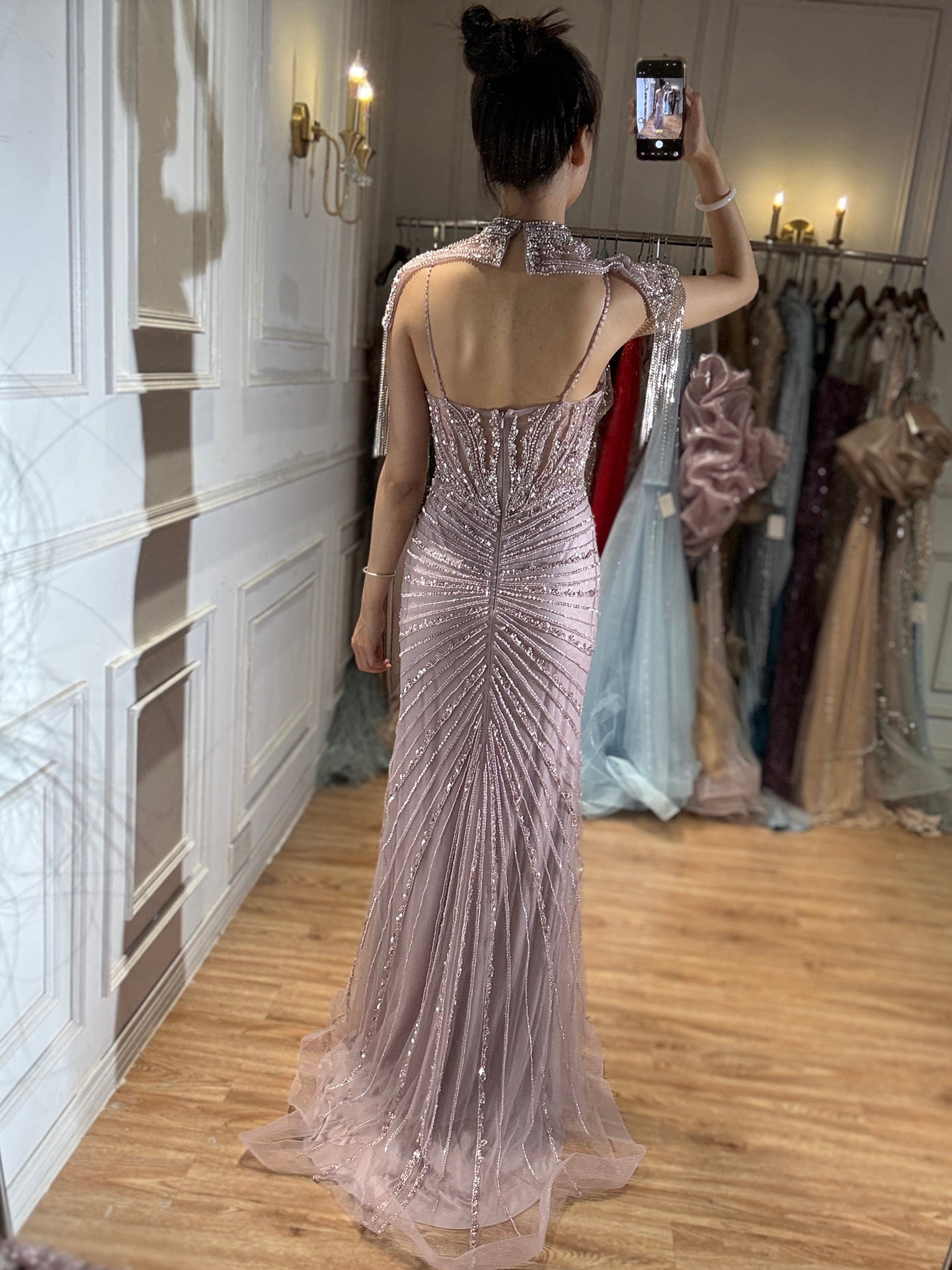 Luxury Nude Beaded Tassel Mermaid Evening Dress LA73184A